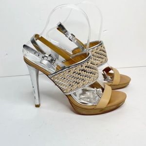 Coach size 7B Steffi Mesh Slingback Stiletto Heels Silver Metallic Tan Leather